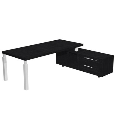 Bureau Manager FLORA - avec console retour réversible - L195 x P170 cm - pieds en métal blanc - plateau imitation frêne noir