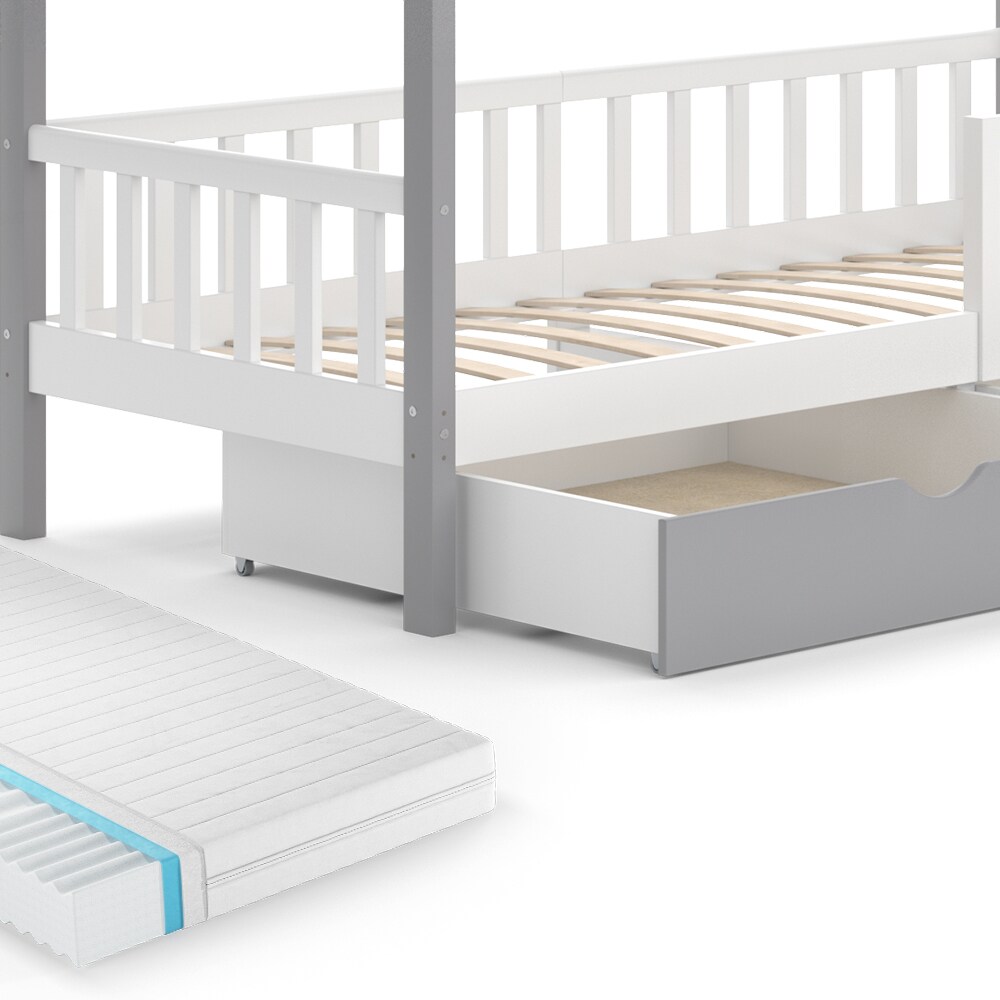 VitaliSpa Kinderbett Hausbett Einzelbett Design Weiß Grau modern 90x200 cm Kinderzimmer Bett Massivholz Lattenrost Schublade Rausfallschutz Schubladenbett Matratze