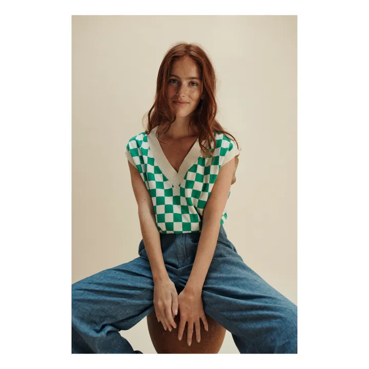 Emile et Ida Pull Sans Manches Zamier Damier Coton Bio  - Collection Femme | Vert