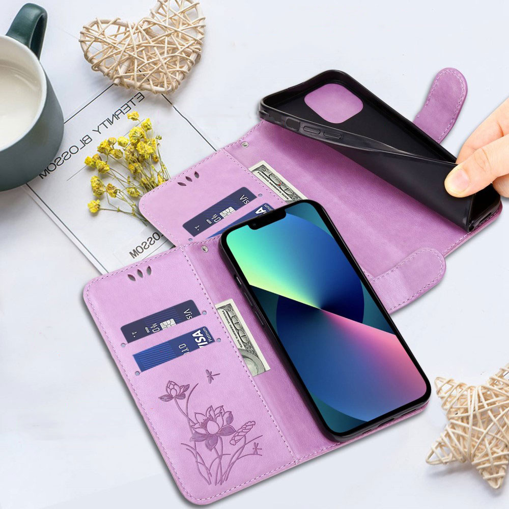 iPhone 13 Pro Leder Tasche Flip Cover Lotus Blumen Imprint - Lila