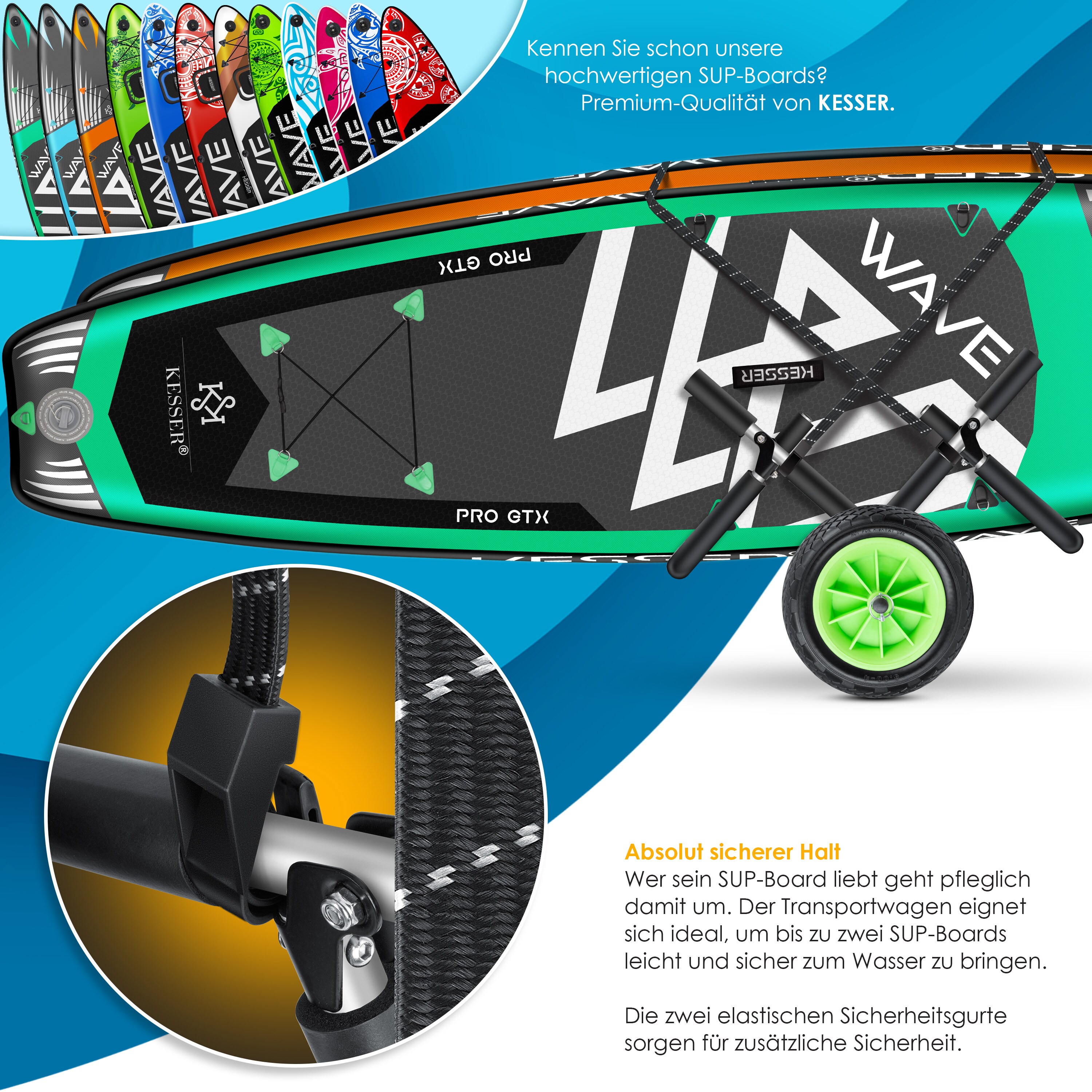 KESSER® Surfwagen Surfboard Transportwagen für SUP-Board Stand Up Paddle Board Transport Kajakwagen - klappbar gepolstert - 10 Zoll PU-Reifen Alu - inkl. 2 Sicherungsgurte