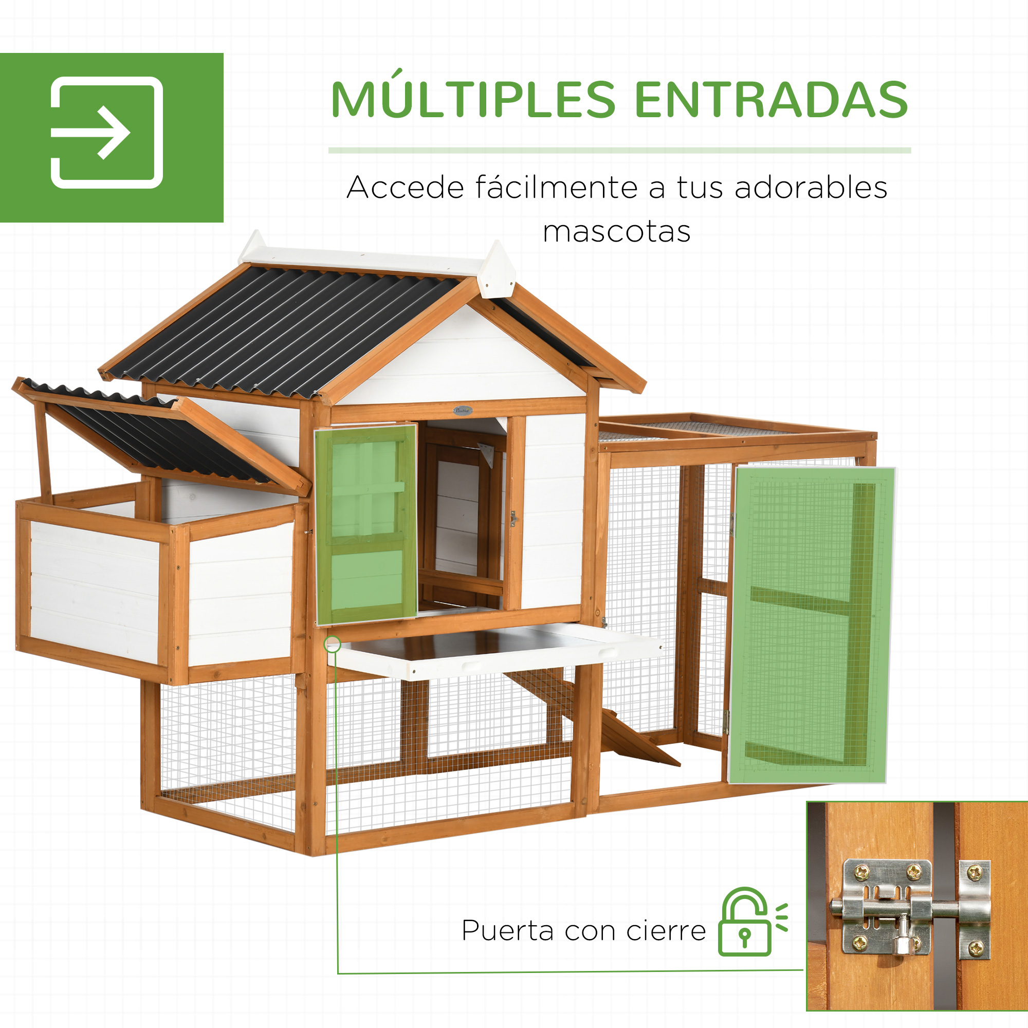Galinheiro de madeira PawHut para uso externo, 181x79,5x117,5 cm, gaiola para 2 a 4 galinhas com telhado impermeável, cercado de metal, 2 poleiros, ninho, bandeja removível e rampa natural.