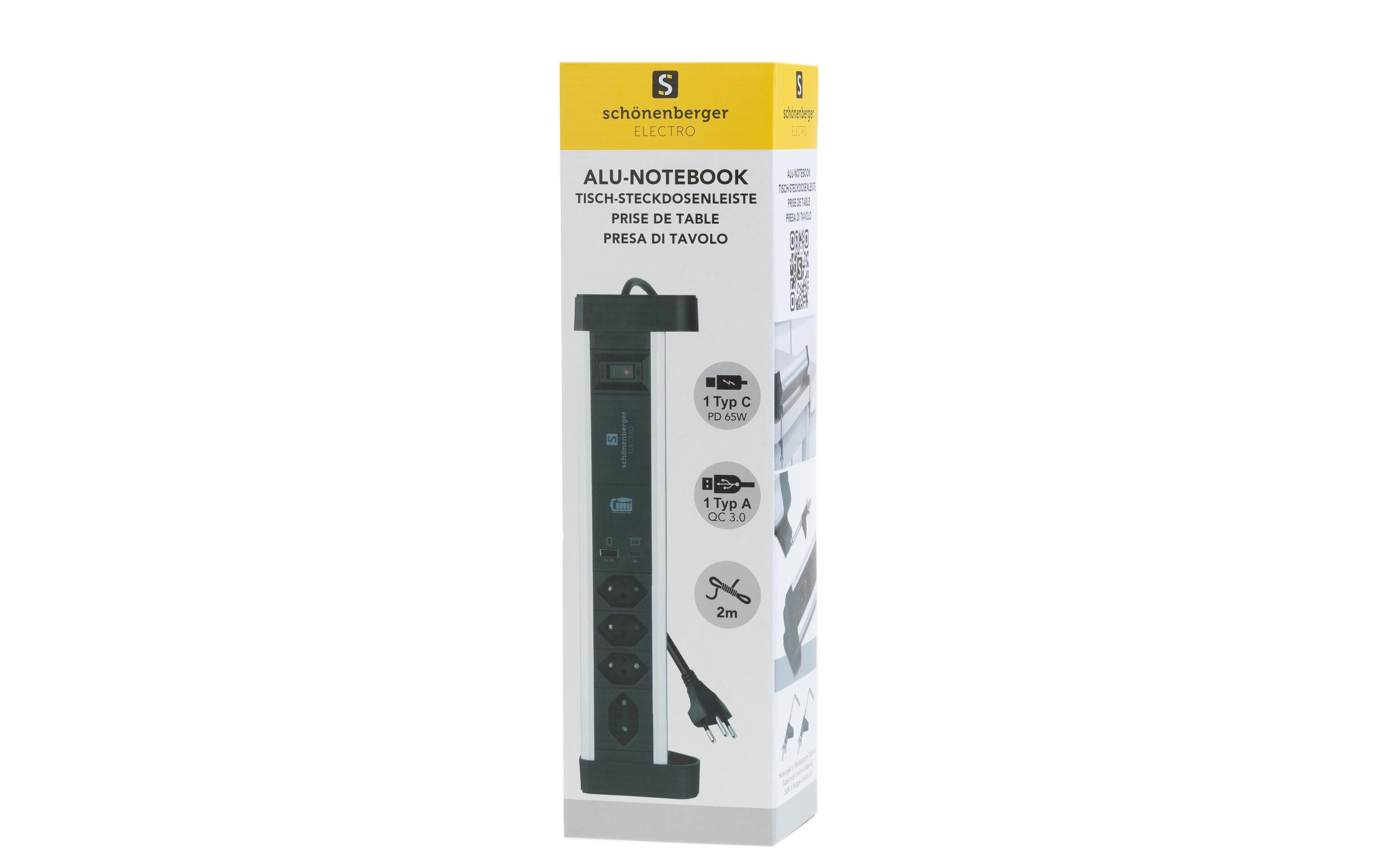 Tischsteckdosenleiste Alu-Office-Line 4 × T13 USB-C/AAlu Tischsteckdosenleiste mit 60W USB C Notebook Charger