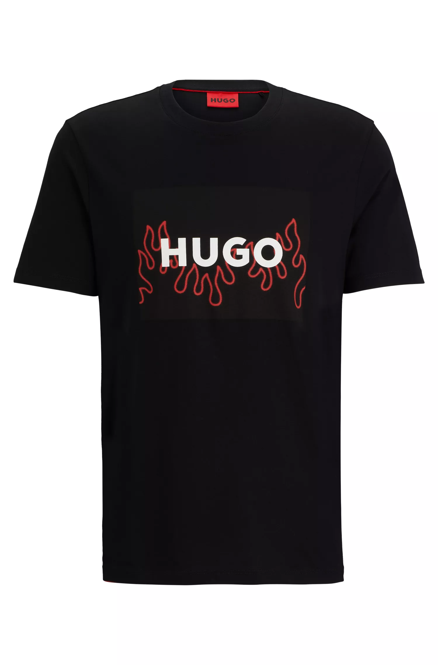 Camiseta HUGO vermelha de algodão com modelagem regular e logo de chama.