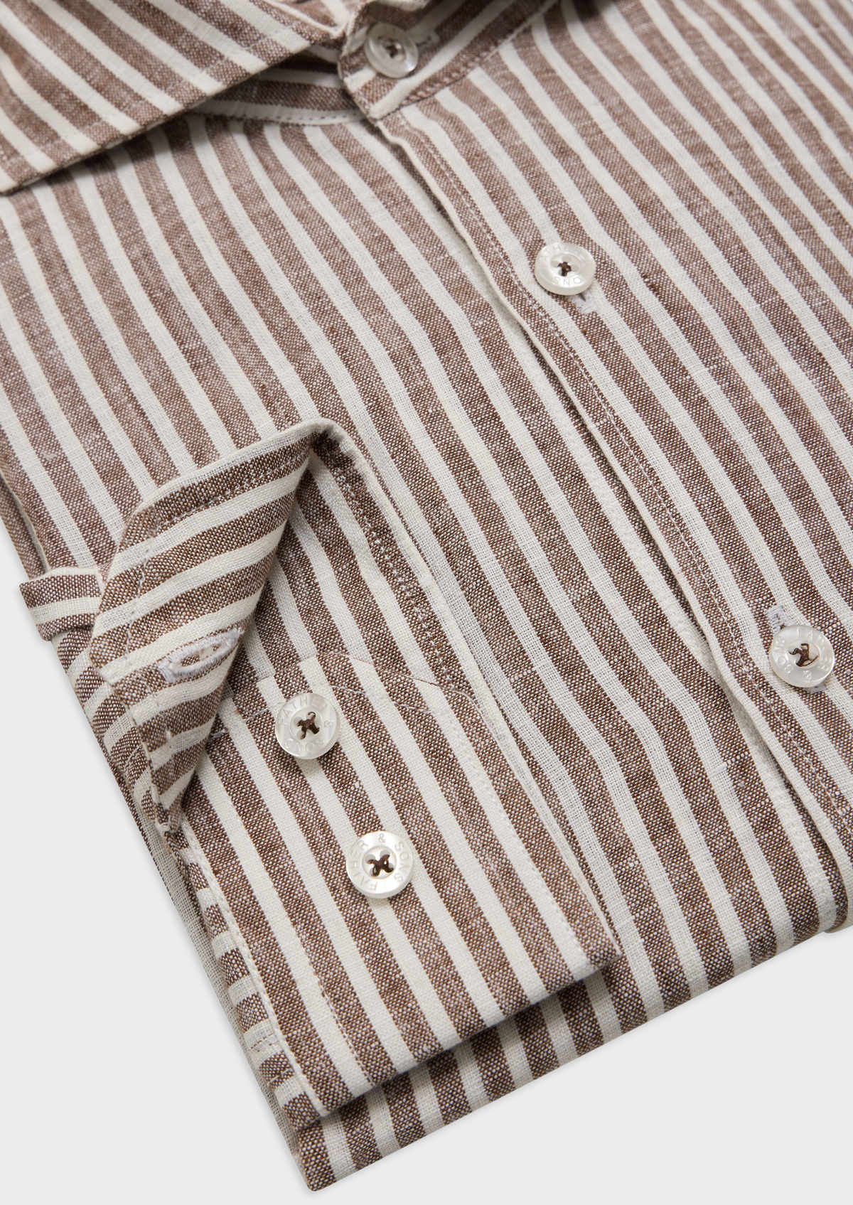 Chemise sport Slim en lin blanc à rayures taupe