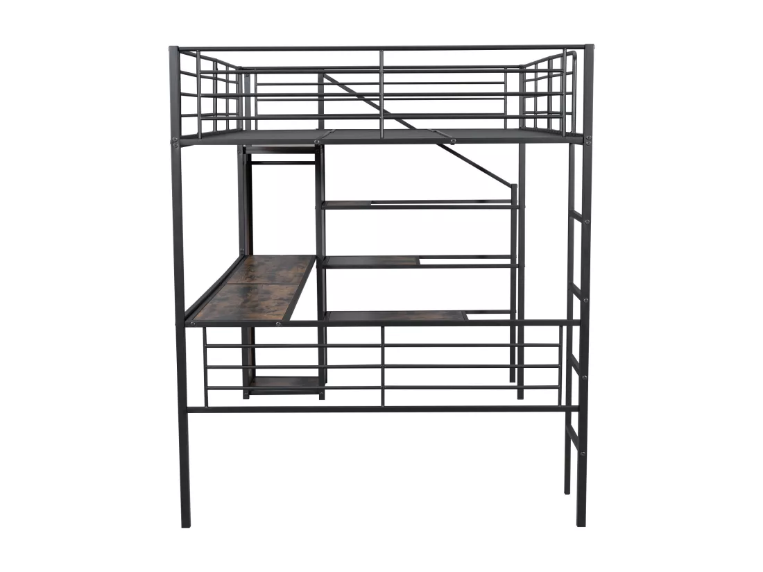 Lit mezzanine 140 x 200 cm avec bureau, armoire et marches de rangement - Métal + MDF - Noir (sans matelas)