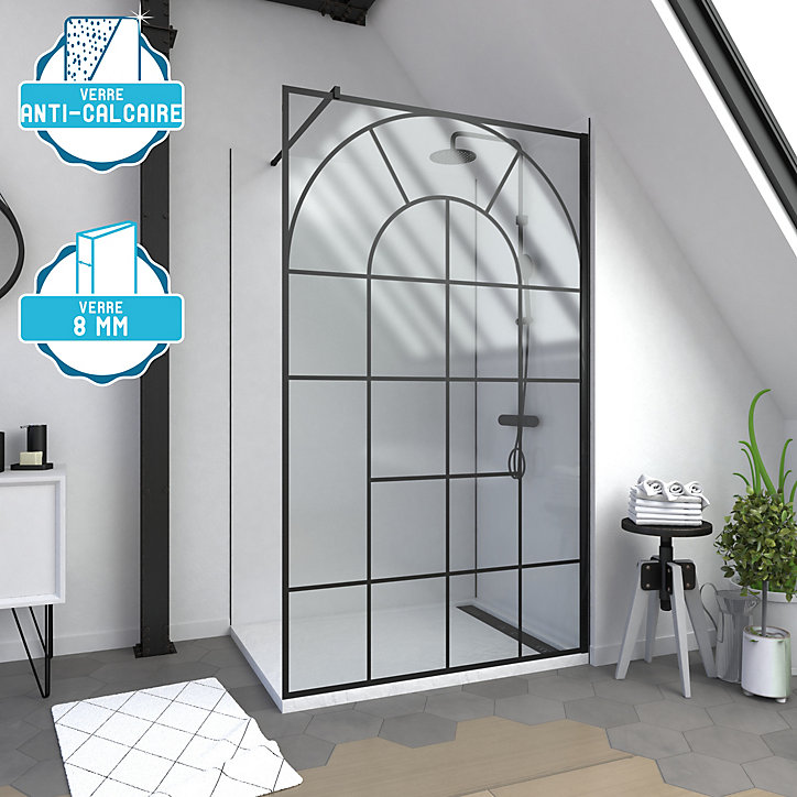 Paroi de douche à l'italienne fixe 120 x 195 cm, motifs verrière orangerie, noir mat, Galedo Garden
