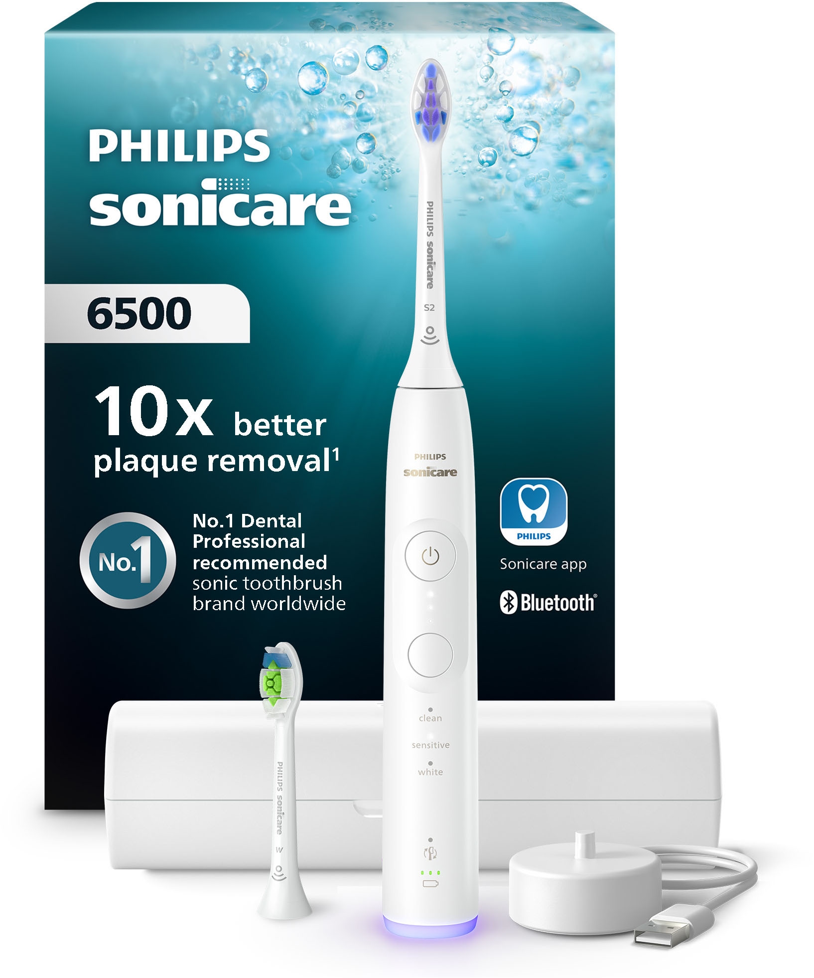 Philips Sonicare Elektrische Zahnbürste »Series 6500 HX7410/02« 2 Stk. Aufsteckbürsten mit Andruckkontrolle, 3 Intensitätsstufen, inkl. Ladegerät, Reiseetui