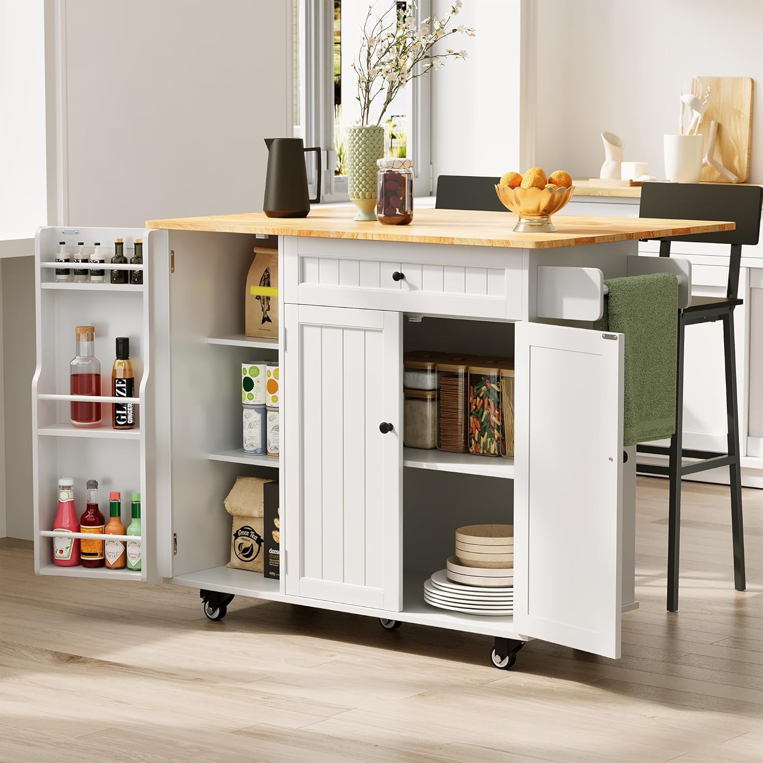 Xbro Kücheninsel auf Rollen, Küchenwagen auf 5 Rädern mit Ablage und 1 Schublade, für Küche und Esszimmer, 130 × 75 × 88 cm, Weiß
