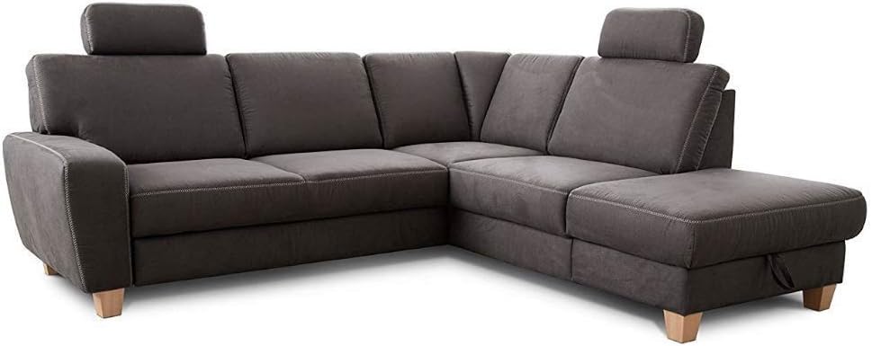 Cavadore Ecksofa Wisconsin mit Federkern / Landhaus Sofa mit 2 Kopfstützen / Landhausstil / Holzfüße in Buche / Mikrofaser in Lederoptik / Größe: 248 x 88 x 215 cm (BxHxT) / Farbe: Dunkelgrau