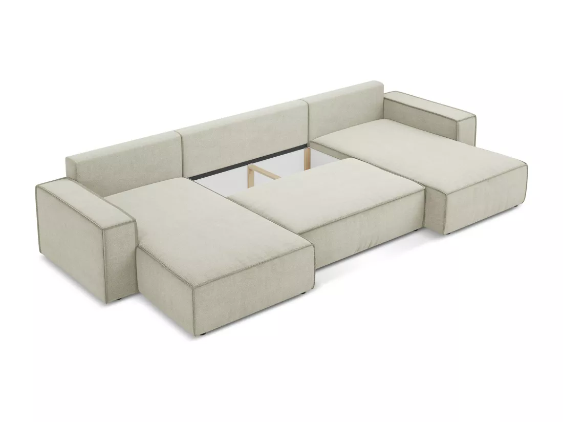 Canapé d'angle panoramique convertible en tissu texturé - beige clair - KIMO