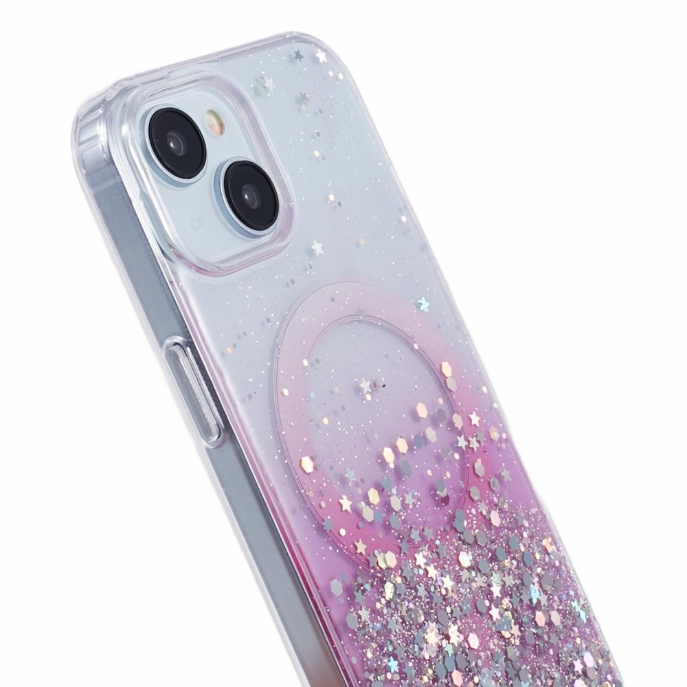 iPhone 14 MagSafe Hülle mit Acryl Rückseite und Farbverlauf im Glitzer Design - Rosa