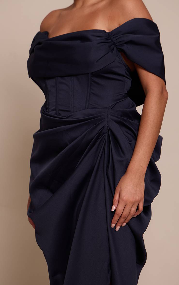 Bleu Marine Robe Midi Drapée Grande Taille À Corset Bardot