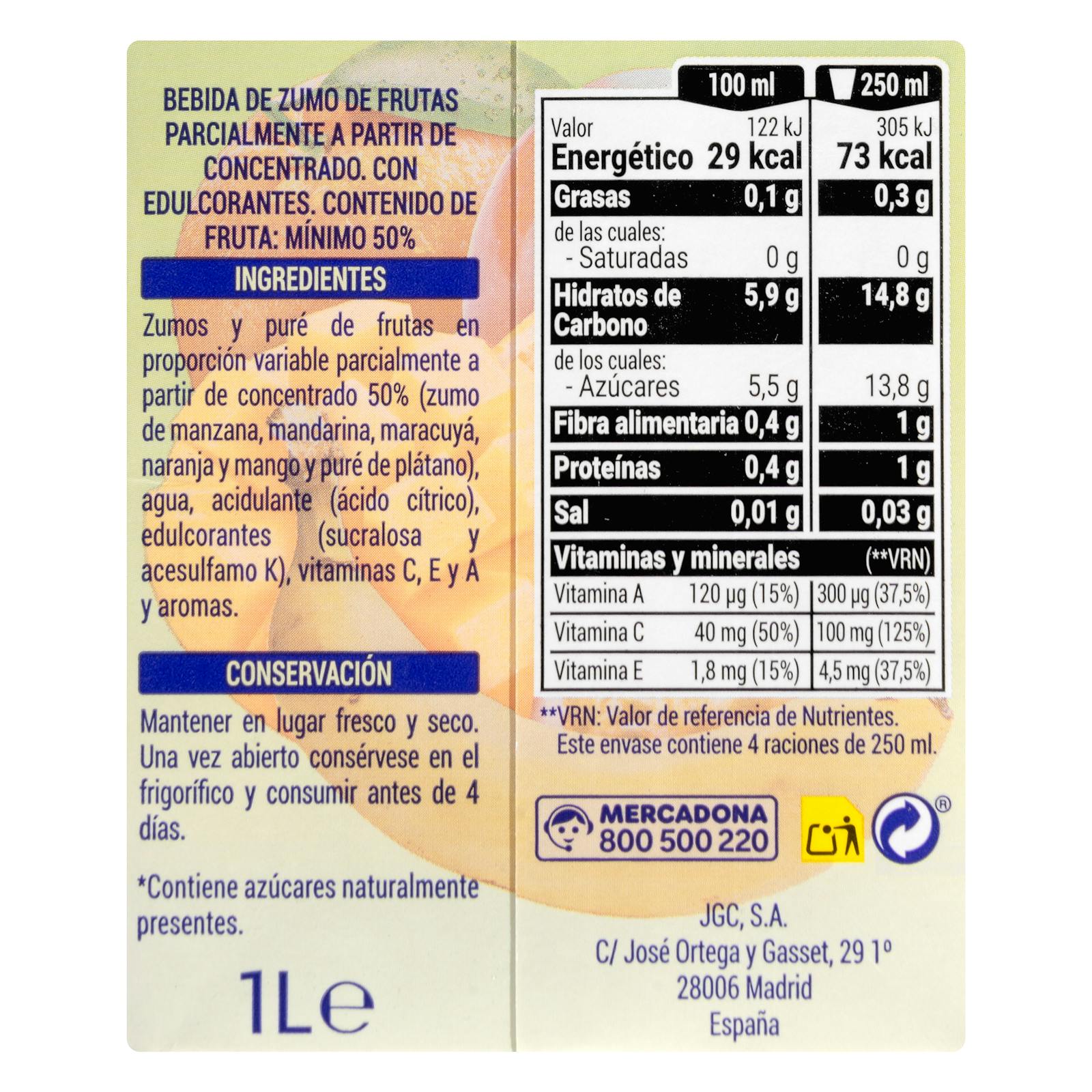 Boisson tropicale Hacendado sans sucres ajoutés