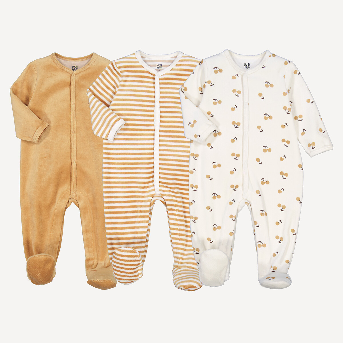COLEÇÃO LA REDOUTE<br>Conjunto de 3 pijamas inteiros em veludo, com estampa de cerejas e listras