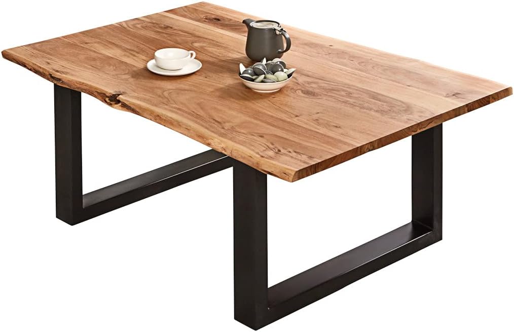 SAM Couchtisch 100 x 70 cm Billy, echte Baumkante, Akazienholz naturfarben, massiver Sofatisch, U-Metallgestell Mattschwarz