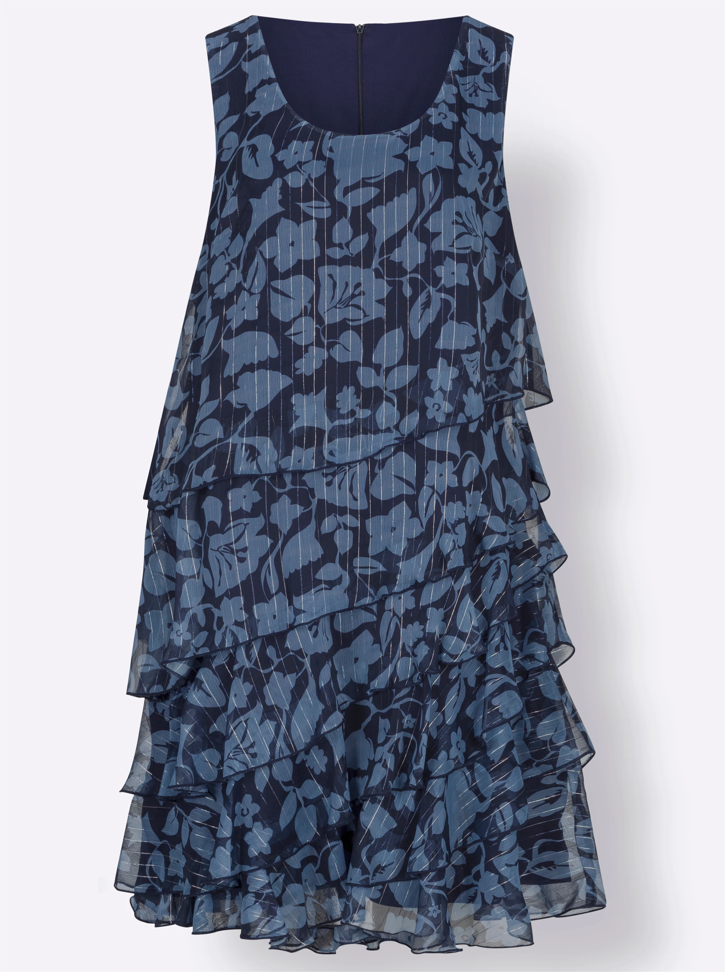 Volantkleid in nachtblau-bleu-bedruckt