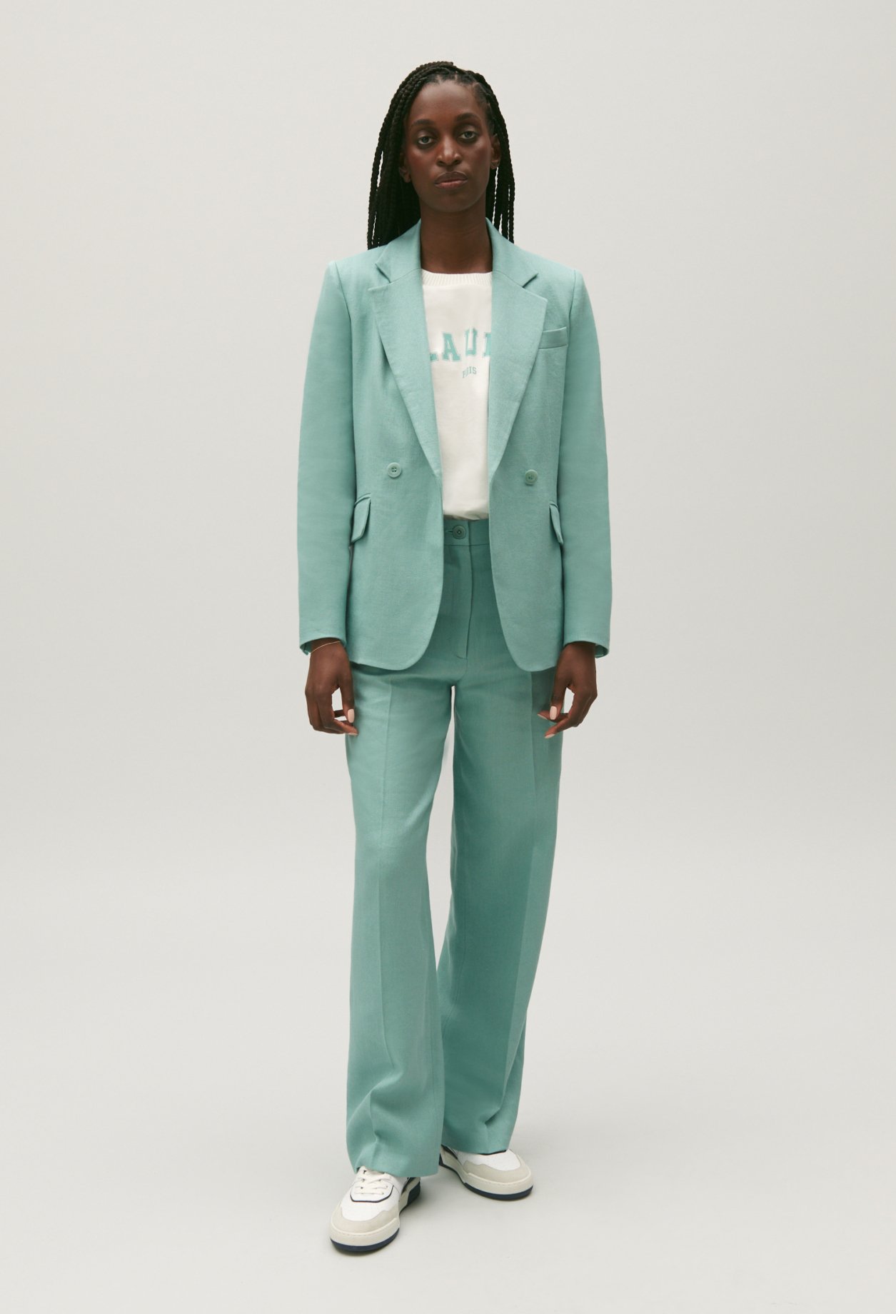 Veste tailleur lin melange vert d'eau