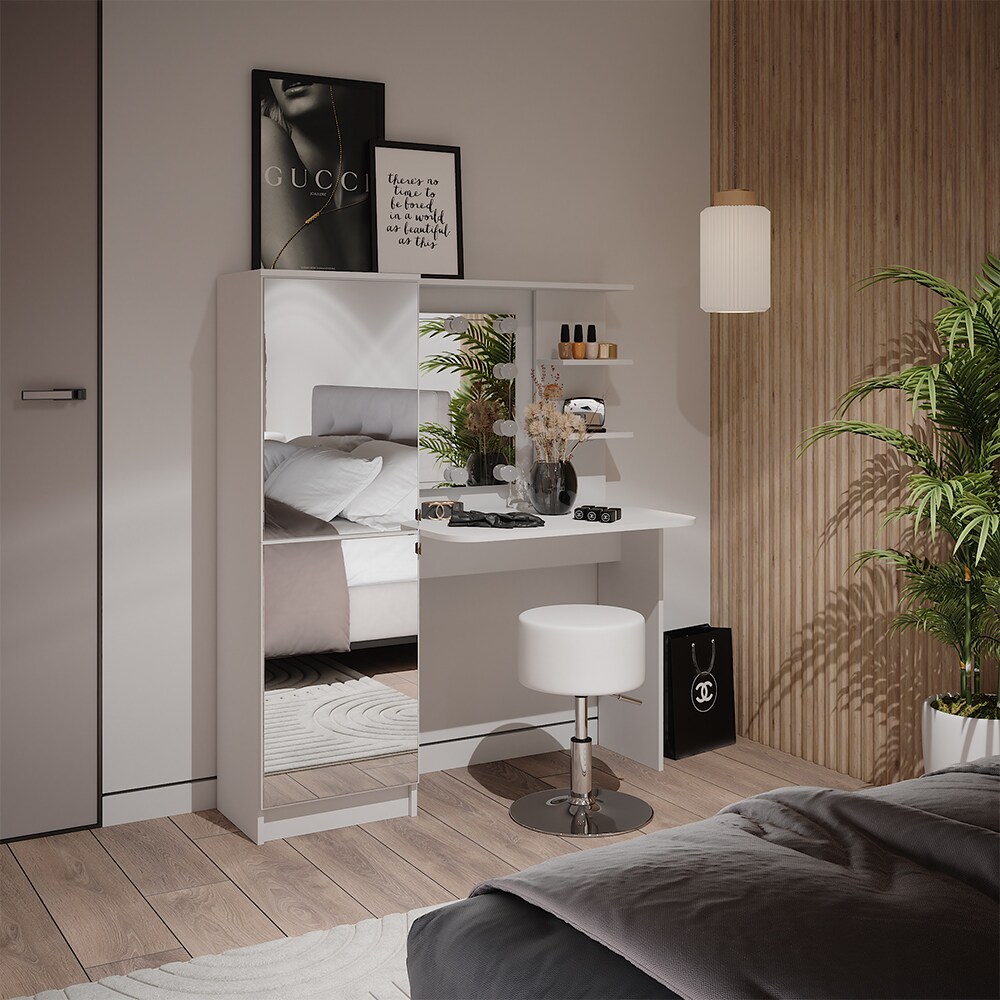 Vicco Schminktisch Jasmin Weiß 123 cm mit LED-Beleuchtung und Hocker