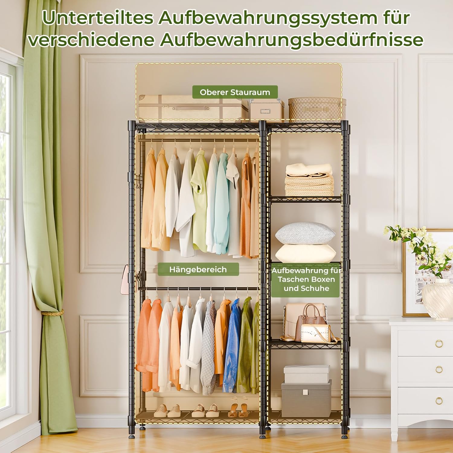 Himimi Kleiderständer Stabil, Kleiderschrank Offen mit Doppel-Kleiderstangen & 5 Höhenverstellbaren Regalen, Metall Garderobe Kleiderständer Schwerlast für Schlafzimmer Flur, 114 x 44 x 195cm Schwarz