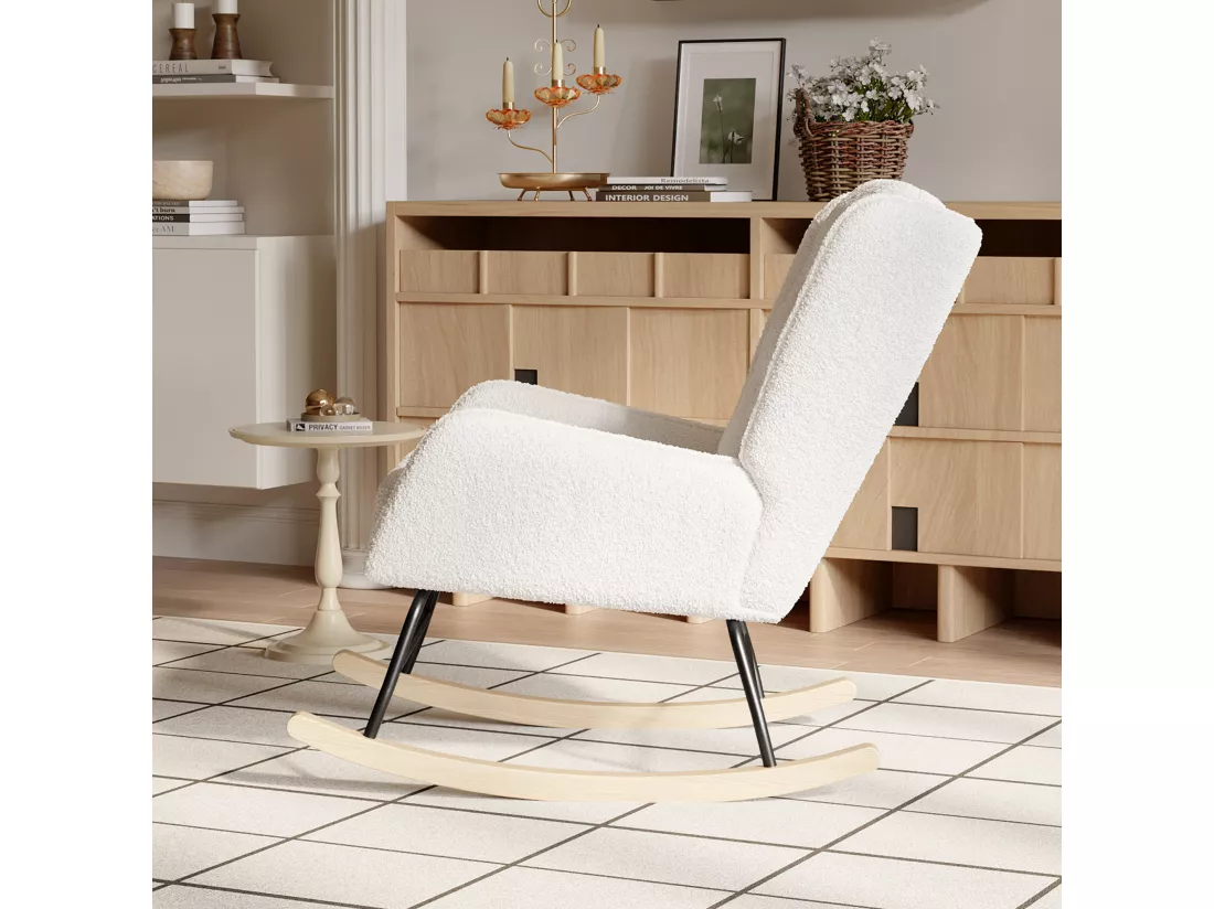 Fauteuil à bascule avec cadre en fer et coussin en laine pour un meilleur soutien du dos, 93 x 67 x 95 cm, beige