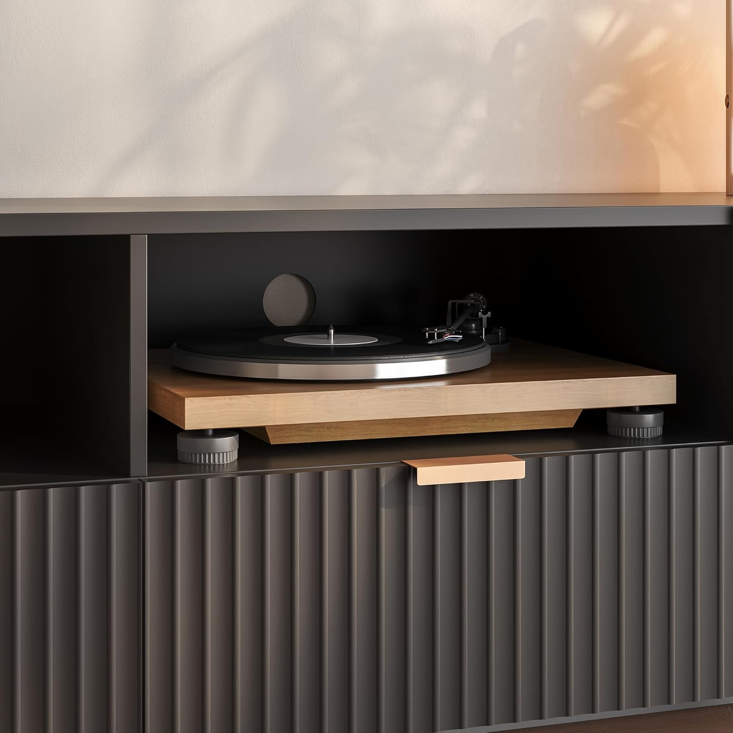 [en.casa] TV Schrank Nand Lowboard mit 2 Türen geriffelt Fernsehschrank mit 2 Schubladen 180 x 40 x 51 cm Sideboard Kommode Fernsehtisch Schwarz