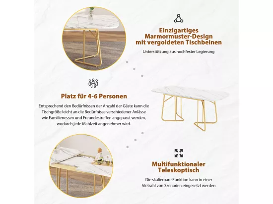 Table de salle à manger convient pour 4-6 personnes avec structure en marbre pieds de table en métal doré marbre