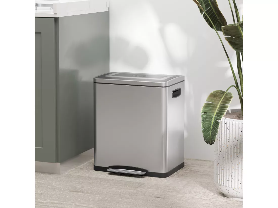 Poubelle de cuisine 2 x 15L - poubelle à pédale 2 compartiments seaux amovibles - acier inox. brossé