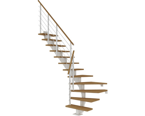 Pertura Alena Witte trap met middenligger, kwartslag, links/rechts onder, leuning van 85 cm, eiken gelamineerd hout, geolied, 11 treden / 12 stootborden