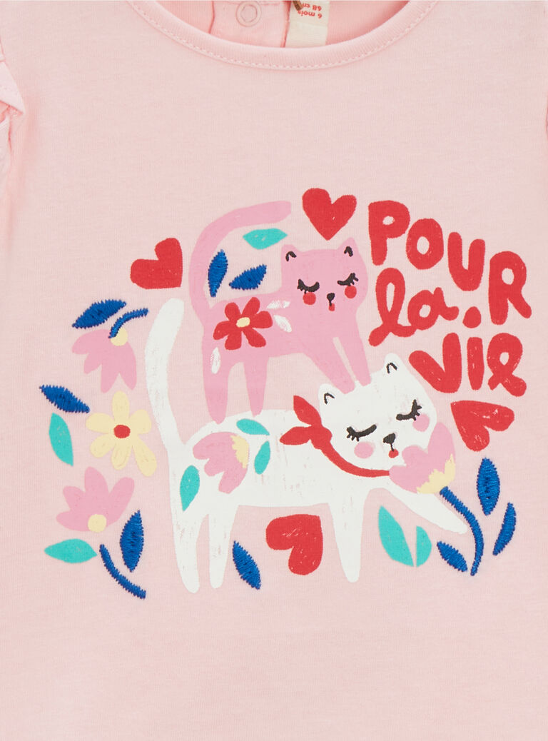 T-shirt rose à animation chat pour bébé fille