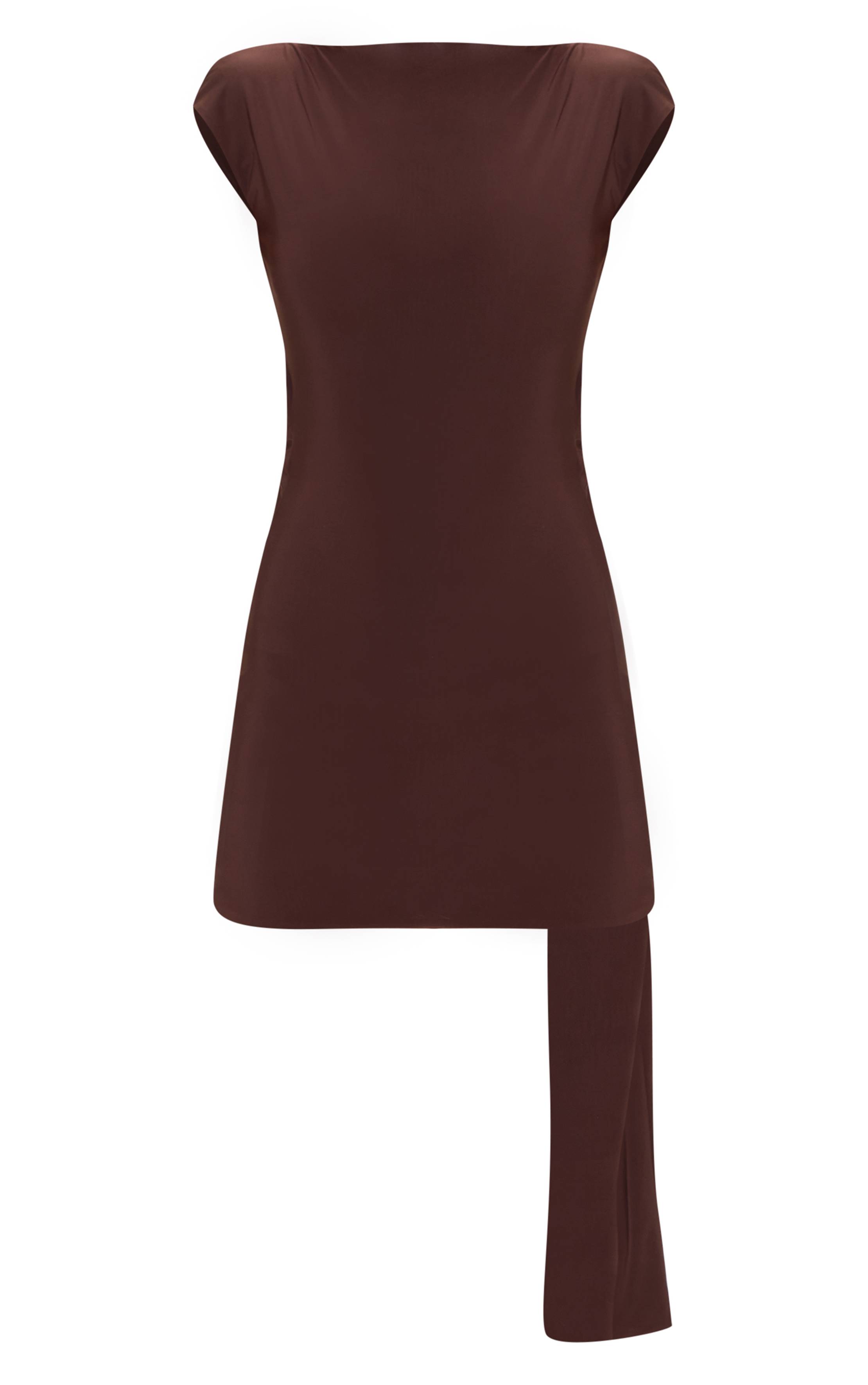 Chocolate Brown Robe Moulante Drapée Asymétrique Dos Ouvert En Tissu Soyeux