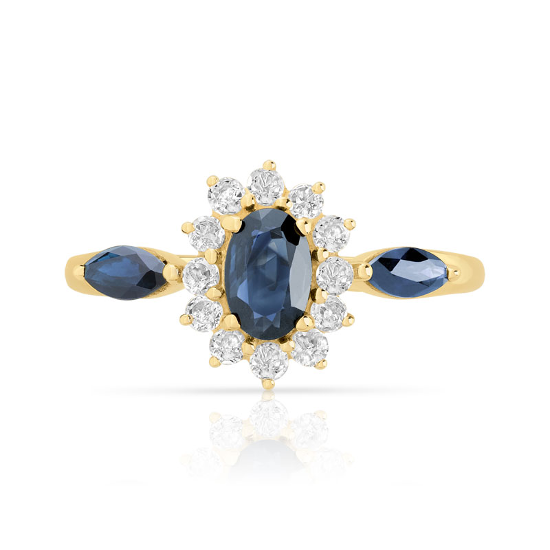 Bague or 375 2 tons saphirs ovales et topazes blanche