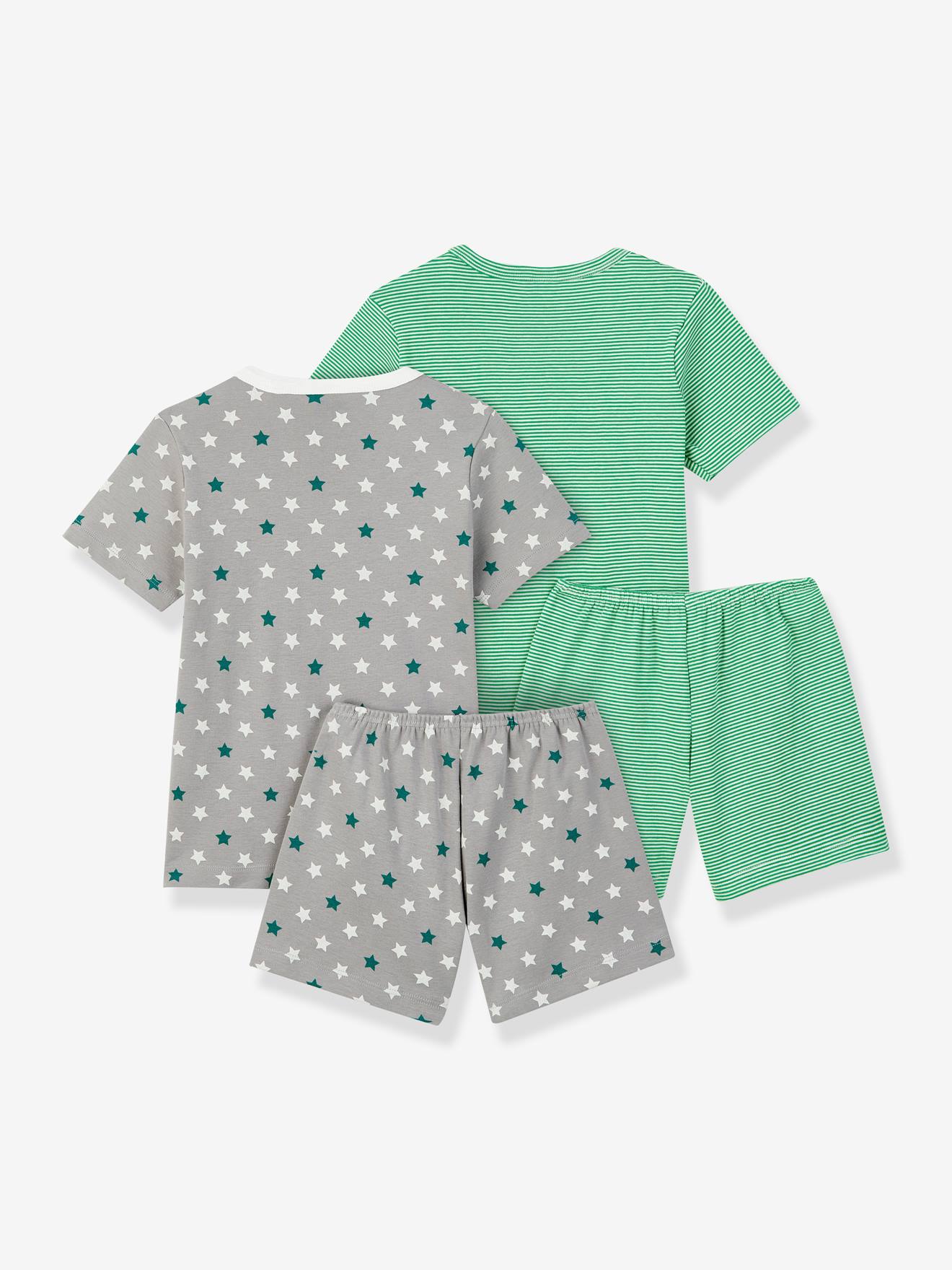 Conjunto de 2 pijamas com shorts, estrelas e listras, algodão, PETIT BATEAU, verde médio listrado.