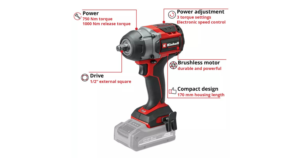 EINHELLProfessional Accu Slagmoersleutel TP-CW 18/750-C Li BL-Solo  (Rood/zwart, Power X-Change, Accu en oplader niet inbegrepen)