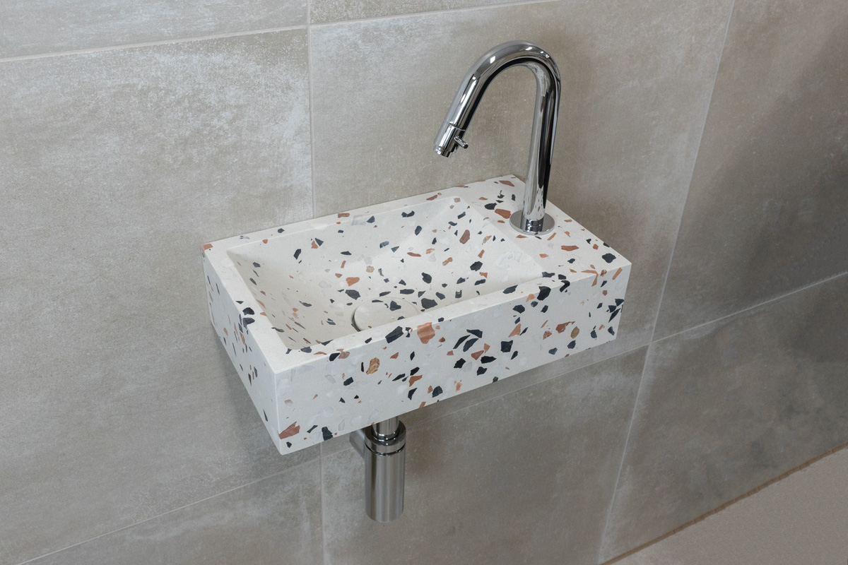 Saniclear Terrazzo fonteinset met gebogen kraan in chroom