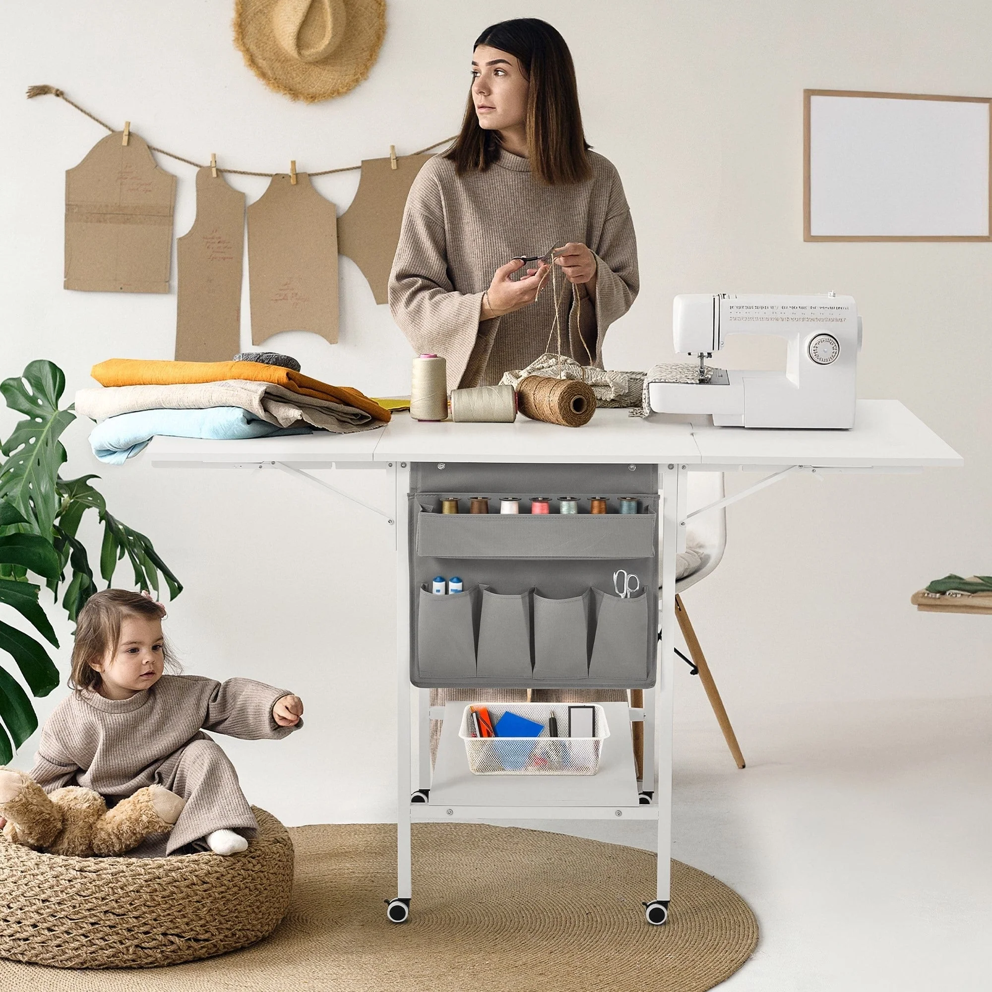 Height Adjustable Craft Table with Storage Shelves, Mobile Folding Cutting Table for Home Office Sewing Room Craft Room