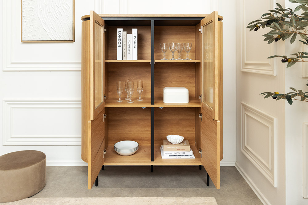 Modernes Highboard ATELIER 140cm natur Eiche schwarz Metall sechs Fächer
