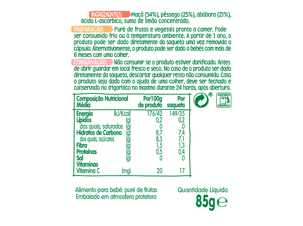 SAQUETA FRUTA BLEDINA MAÇÃ PÊSSEGO E ABÓBORA 85 G