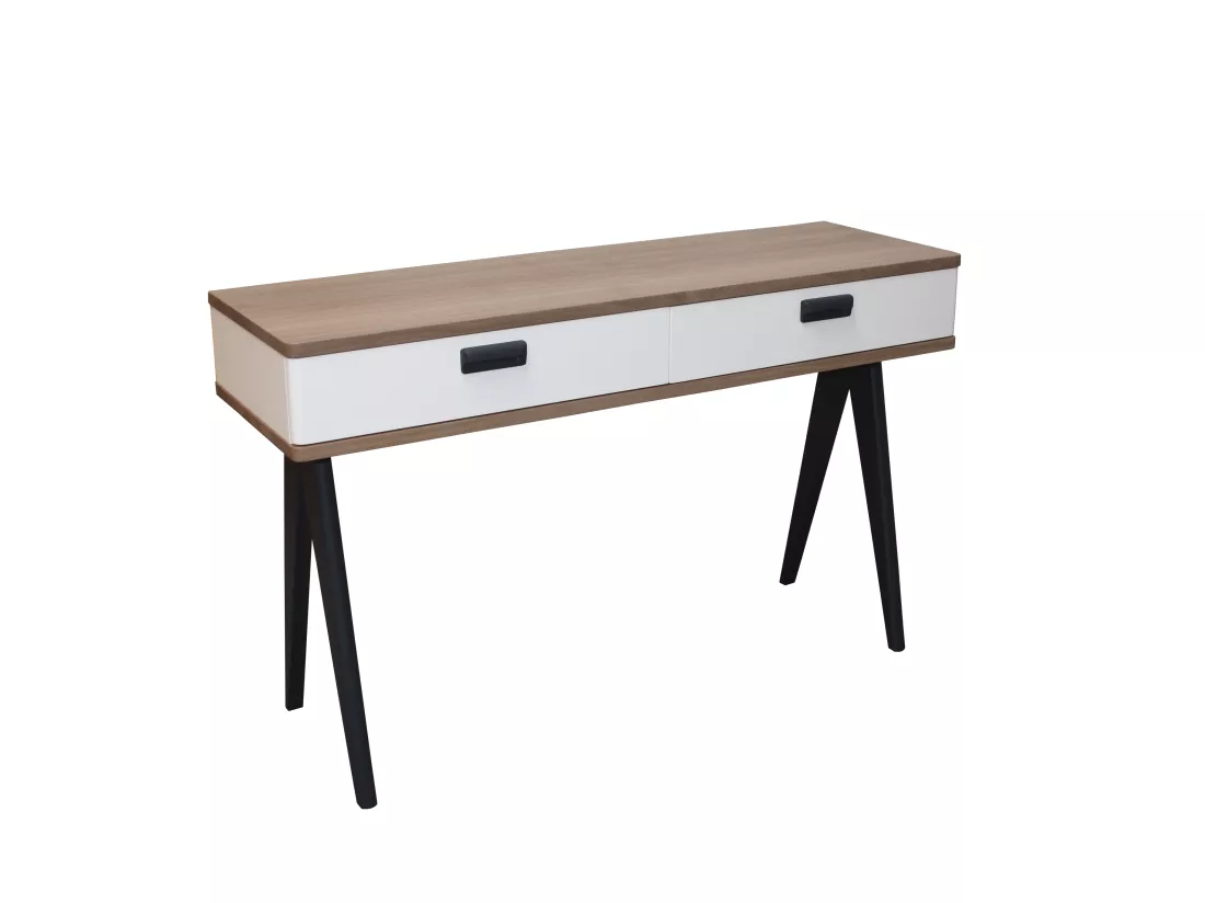 Console chêne blanchi massif et laqué, 2 tiroirs - 130L x 42P