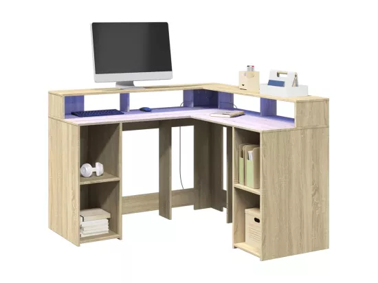 Bureau avec lumières LED chêne sonoma bois d'ingénierie