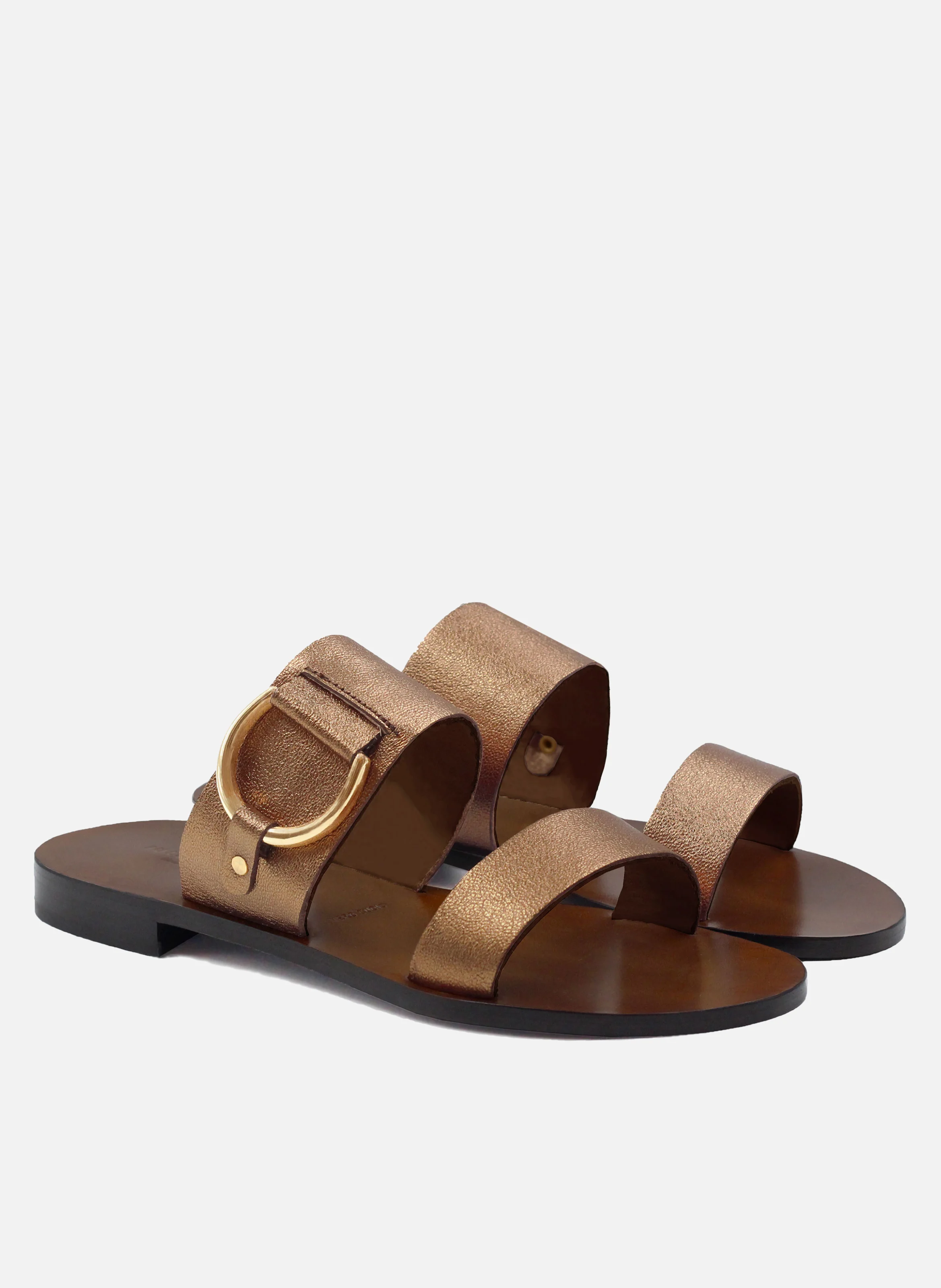 Sandales boucle cuir métalisé | Marron