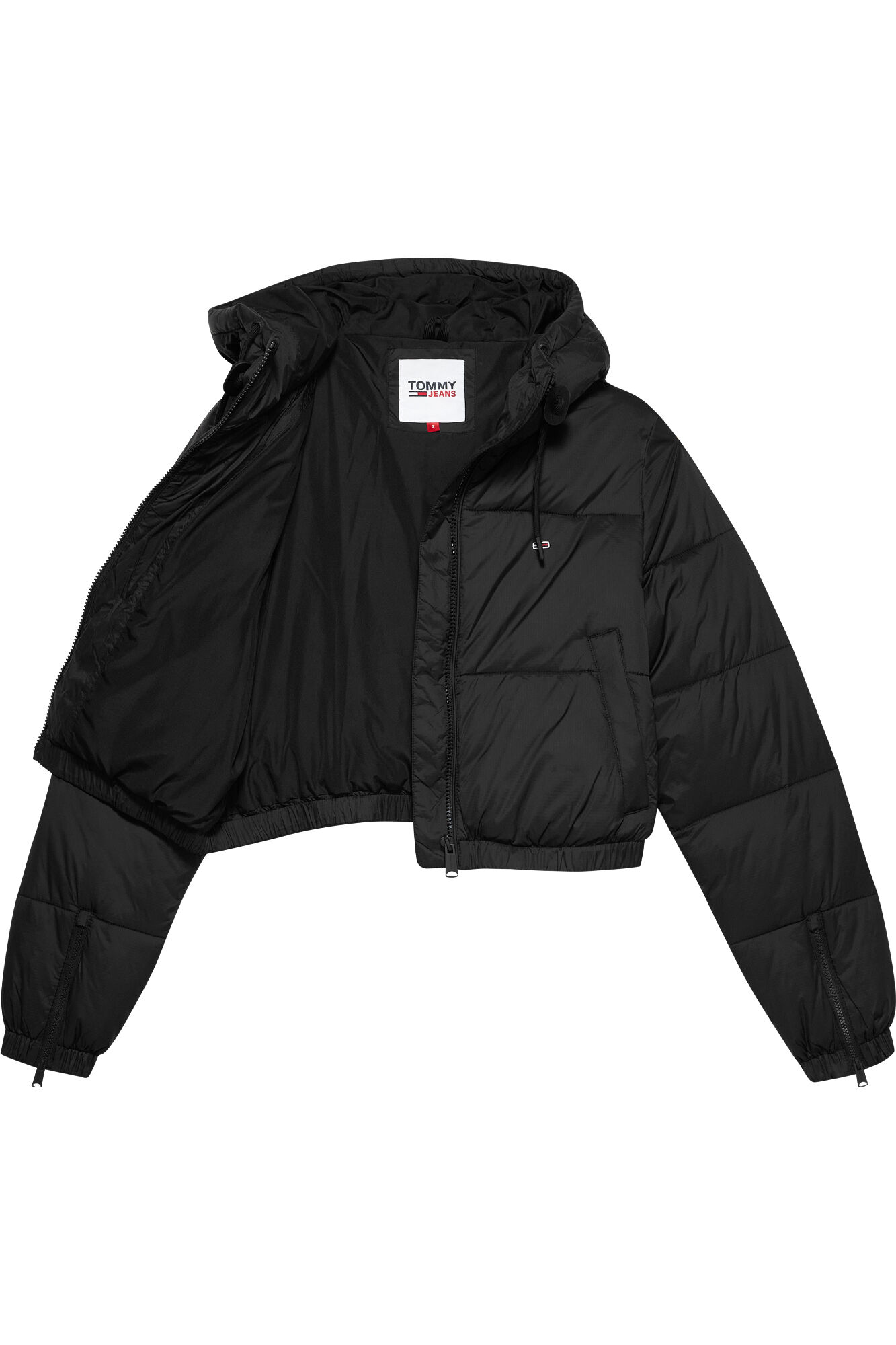 Jaqueta feminina longa cropped de plumas da Tommy Jeans.