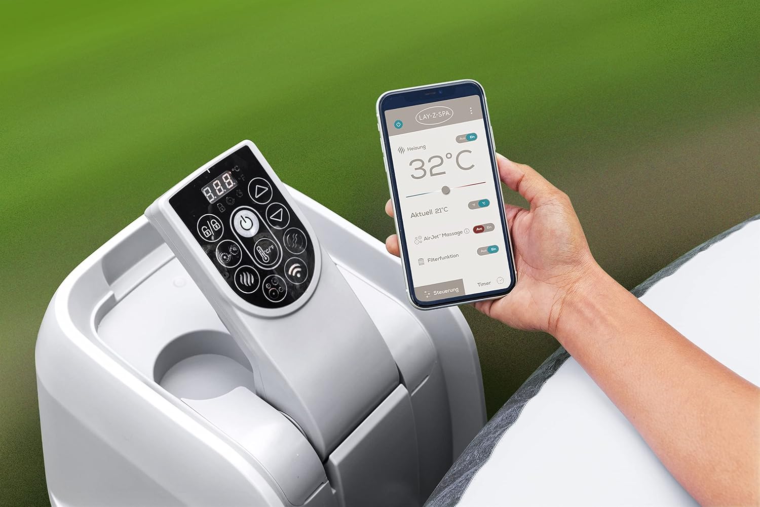 Bestway® Lay-Z-SPA® Energiespar-Whirlpool Cabo HydroJet™ mit App-Steuerung, für 6 Personen 180 x 180 x 71 cm, Kreuzgeflecht-Optik (Eichengrau)
