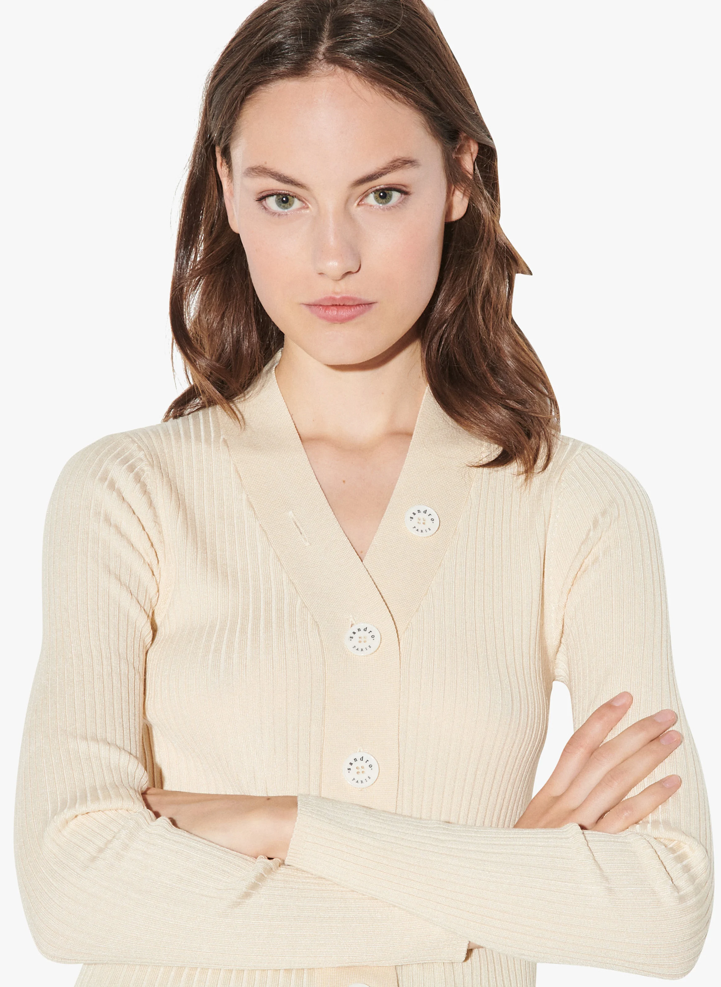 Gilet col V boutonné en maille côtelée | Blanc