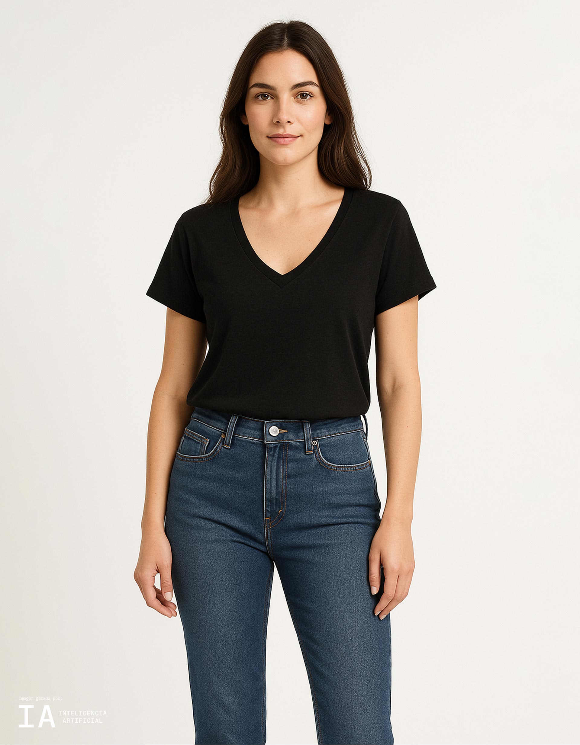 T-shirt Decote em V, Mulher, Preto