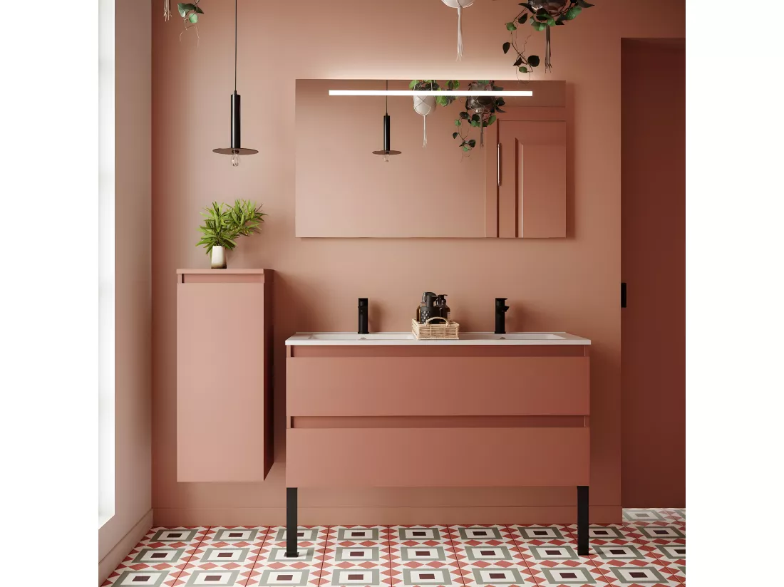 Meuble de salle de bain suspendu double vasque intégrée 120cm 2 tiroirs Abricot - Hudson