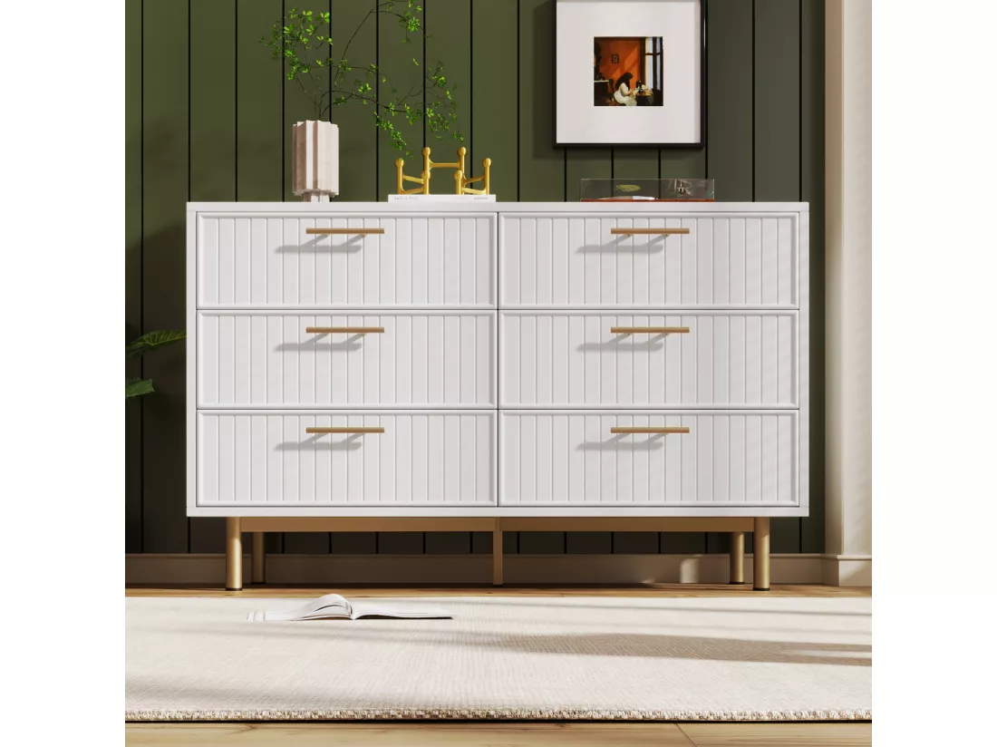 Commode avec 6 tiroirs, 120 x 40 x 75 cm, Panneaux de particules + métal, Motif rayures verticales, Blanc