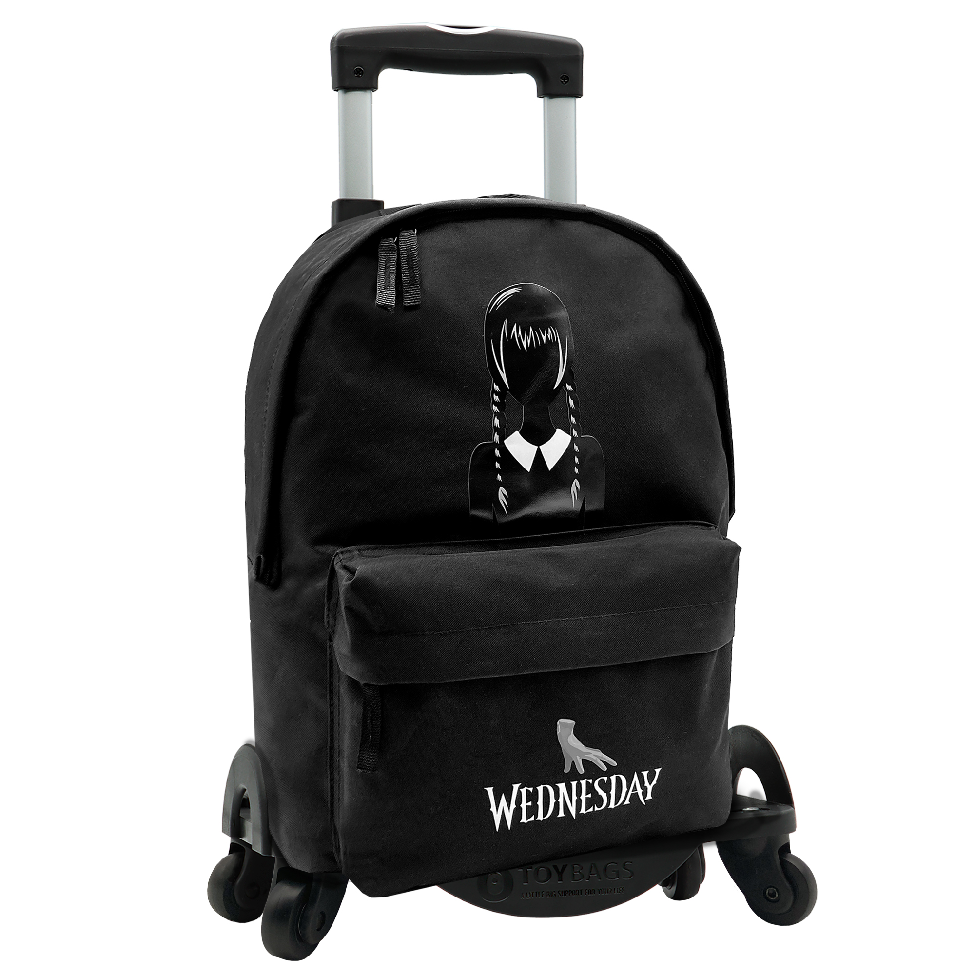 Mochila escolar da Wandinha Addams + Carrinho para brinquedos com 4 rodas giratórias