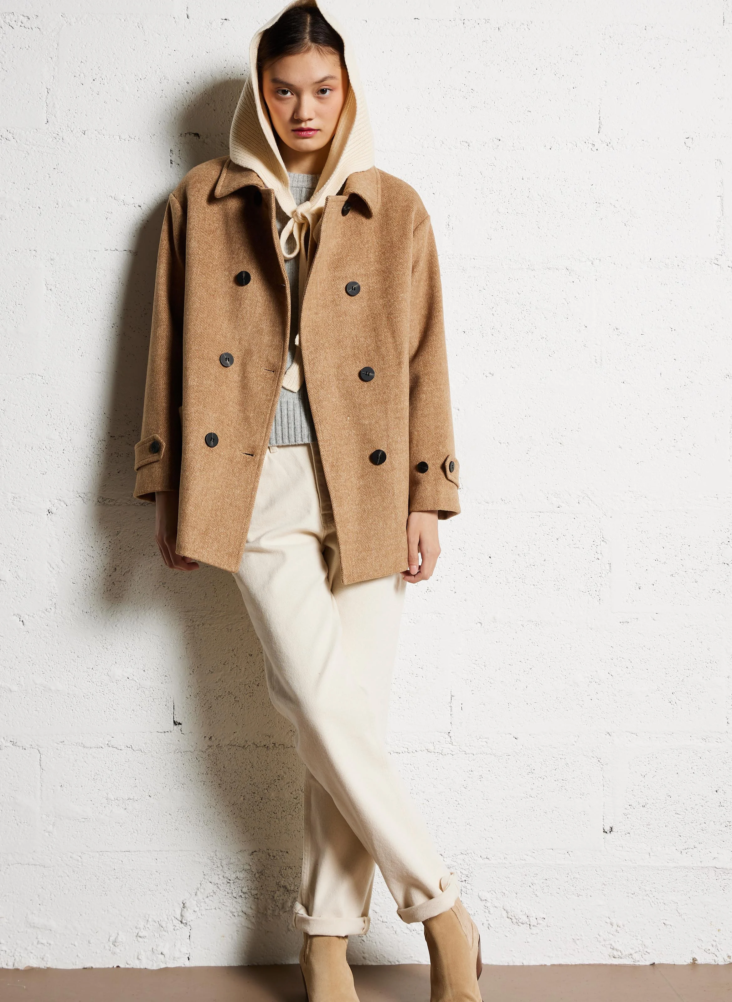 PIERRE - Manteau court col classique en laine mélangée | Marron