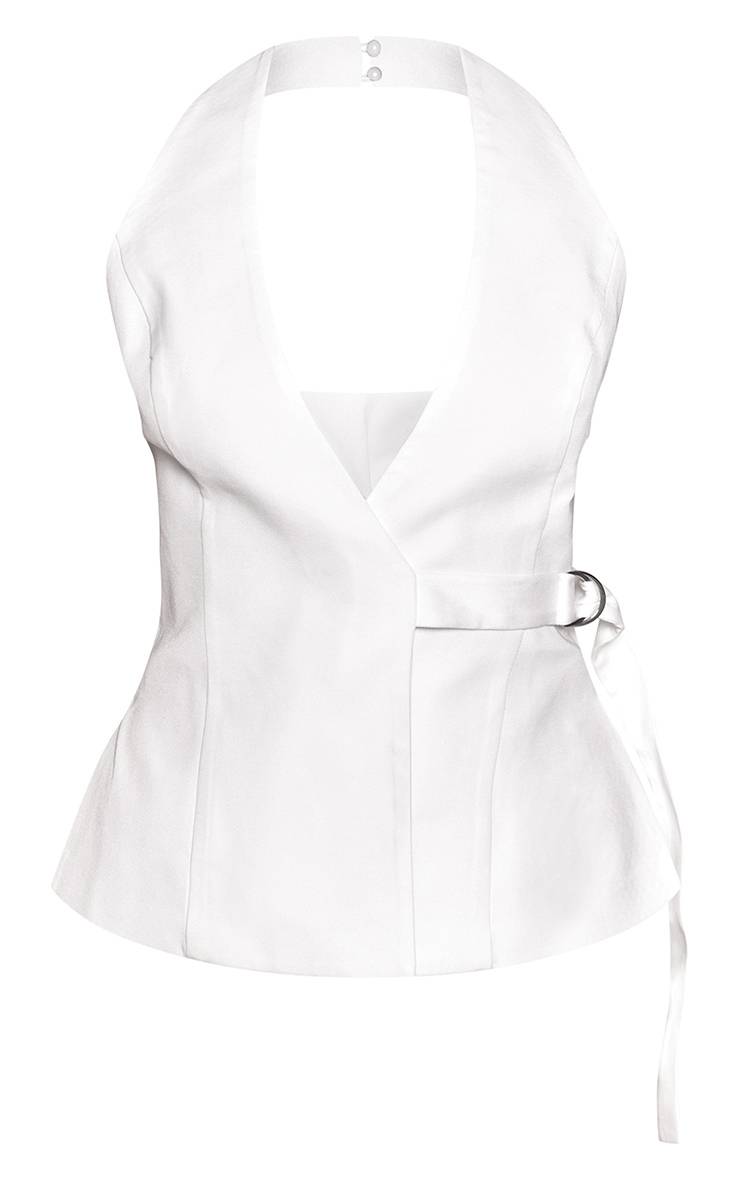 Blanc Top Court Col Licou Croisé En Tissu Tissé Tailleur Co-ord Petite